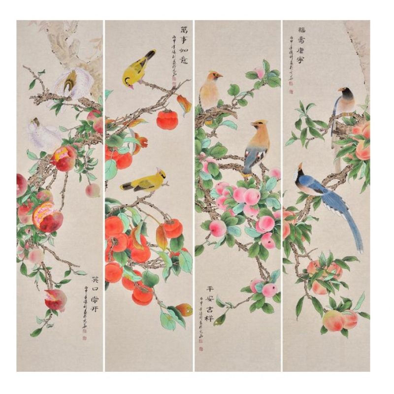张利花鸟画四条屏《笑口?？?，万事如意，平安吉祥，福寿康宁》
