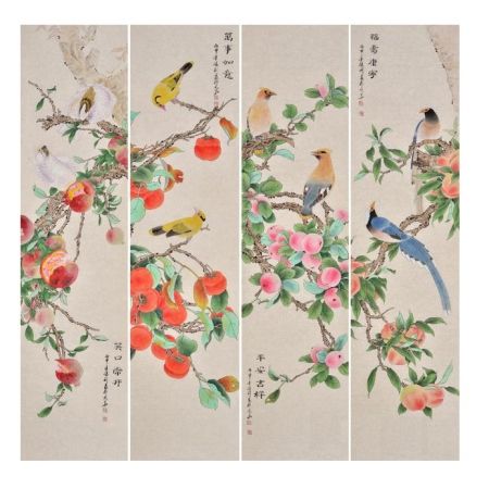 张利花鸟画四条屏《笑口?？蚴氯缫?，平安吉祥，福寿康宁》
