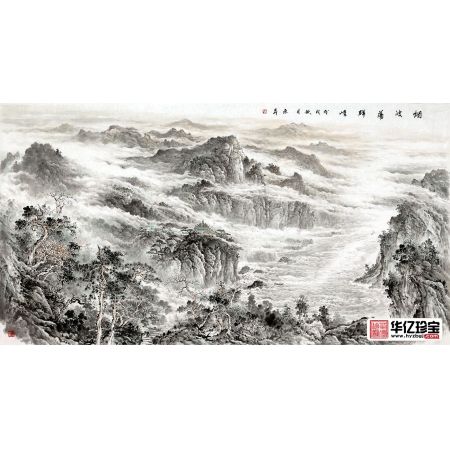 中G美协画家赵洪霞新品创作国画《烟波荡群峰》