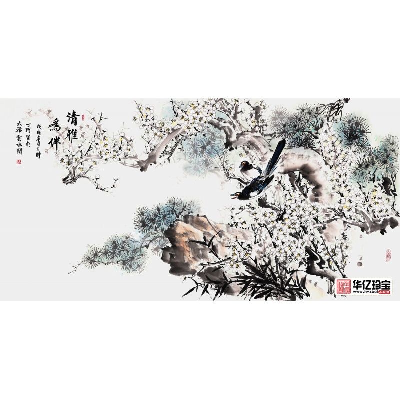 丁珂四尺横幅喜鹊、梅花、松树作品《清雅为伴》