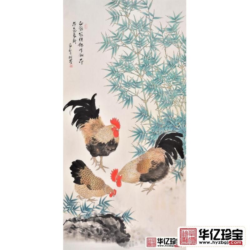 玄关挂画 羽墨竹子公鸡图《血染冠头锦作翎，昂昂气象新》