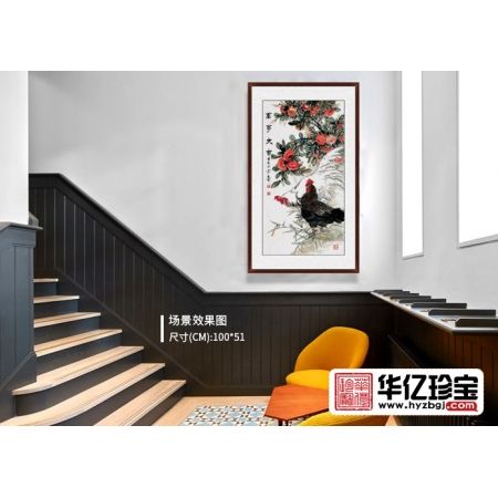 石开老师新品三尺竖幅雄鸡柿子图《万事大吉》