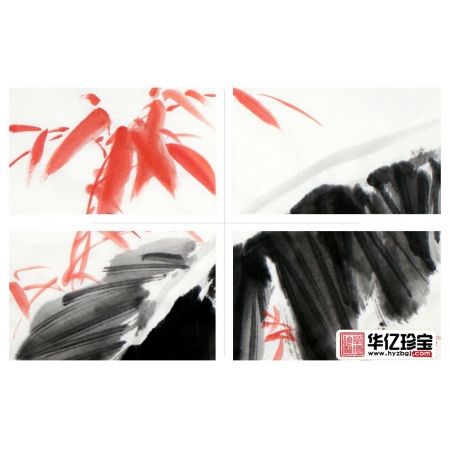精品推荐 郑晓京写意花鸟画作品《墨蕉红竹》