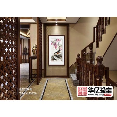 走廊挂画 郭执铨新品花鸟画紫藤锦鸡图《锦上添花》