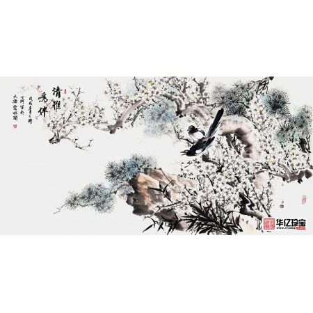 丁珂四尺横幅喜鹊、梅花、松树作品《清雅为伴》