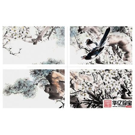 丁珂四尺横幅喜鹊、梅花、松树作品《清雅为伴》