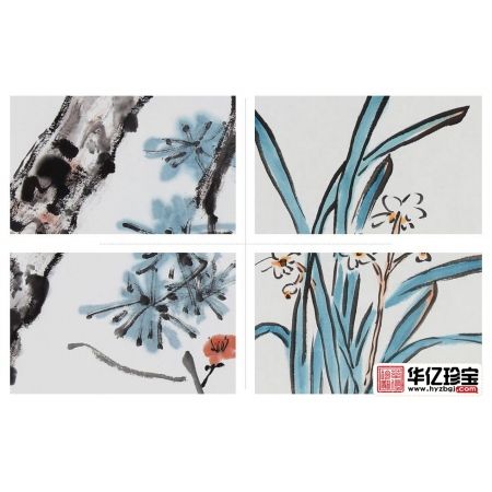 姜丕强精美花鸟四条屏《寒夜客来茶当酒》