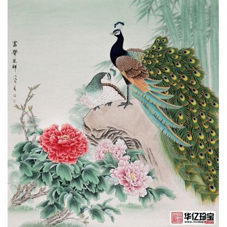 王一容新品斗方孔雀牡丹图《富贵呈祥》