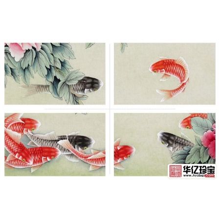 牡丹九鱼图 王一容新品四尺横幅花鸟画《富贵有余》