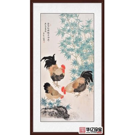 玄关挂画 羽墨竹子公鸡图《血染冠头锦作翎，昂昂气象新》