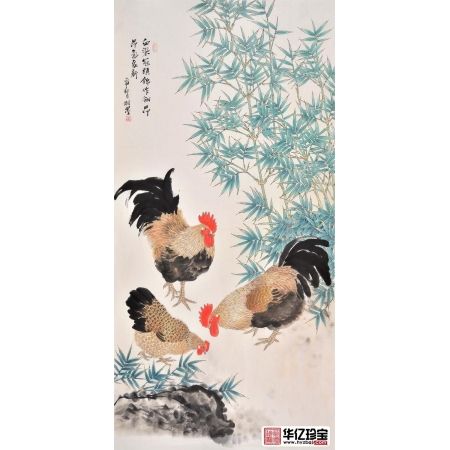 玄关挂画 羽墨竹子公鸡图《血染冠头锦作翎，昂昂气象新》