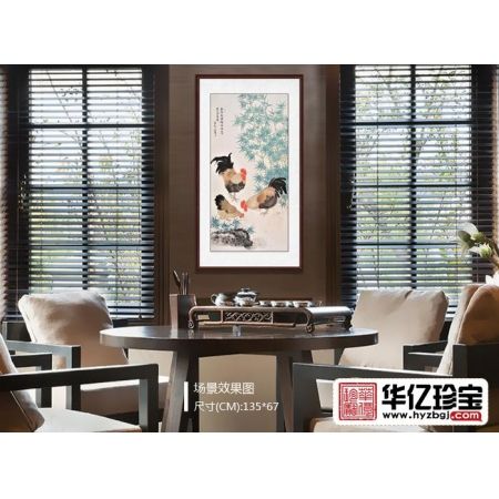 玄关挂画 羽墨竹子公鸡图《血染冠头锦作翎，昂昂气象新》