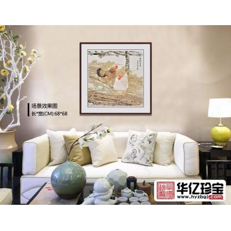 客厅装饰画 餐厅挂画 羽墨工笔斗方花鸟画鸡《唱晓晨音》
