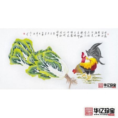 羽墨四尺横幅白菜公鸡图《不为风雨变鸡德一何贞在暗长先觉，临晨即自鸣》