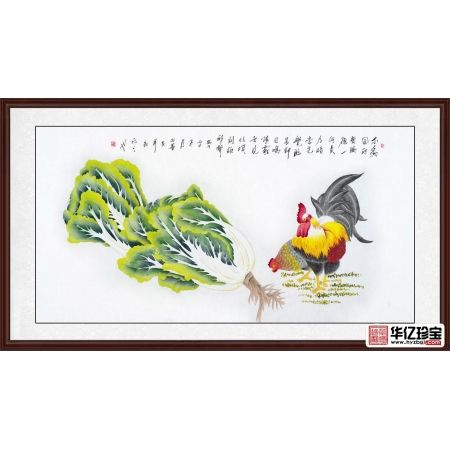 羽墨四尺横幅白菜公鸡图《不为风雨变鸡德一何贞在暗长先觉，临晨即自鸣》