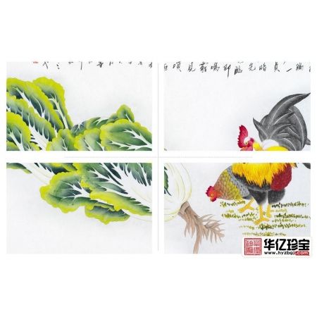 羽墨四尺横幅白菜公鸡图《不为风雨变鸡德一何贞在暗长先觉，临晨即自鸣》