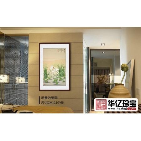 仇谷三尺竖幅白鹭系列画《鹭鸶双双戏》
