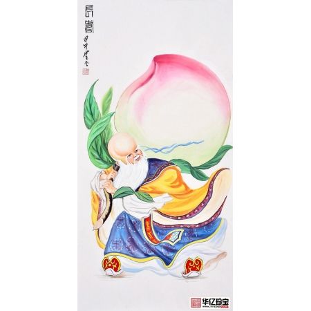 耿云飞四尺竖幅人物画作品寿星仙桃《长寿》