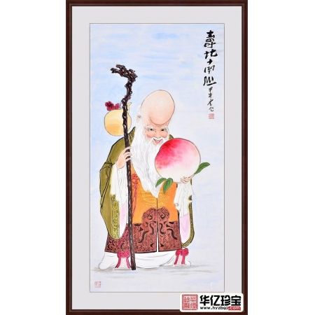 耿云飞四尺竖幅人物画作品寿星仙桃《寿比南山》