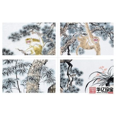 金猴献瑞图 张金凤国画动物画封侯图系列《金猴四条屏》