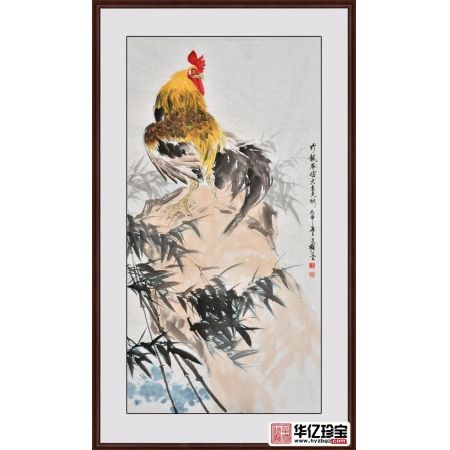 工笔生肖图 王文强四尺竖幅动物画 鸡《竹报平安大吉大利》