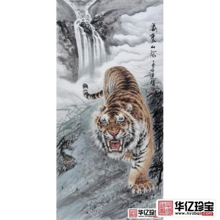 下山虎镇宅 “中G虎王新秀”王建辉六尺竖幅工笔动物画老虎《威震山河》