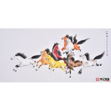 仇谷四尺横幅工笔动物画作品马《八骏图》