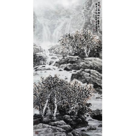 程振国《山中一夜雨，树杪百重泉》136×68cm