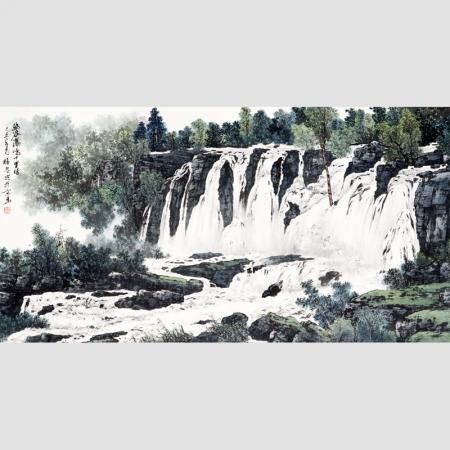 李福安《幽谷瀑鸣十里情》大师作品，山川瀑布源远流长