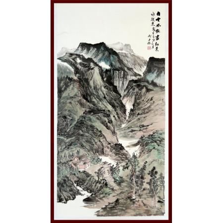 贺兰山画派创始人 山水画家何占?！栋自品缟⒕?红叶水流来》8平尺竖幅巨作