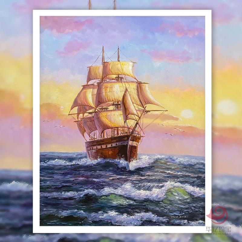 张向工大海帆船油画作品  90*60cm  4.86平尺