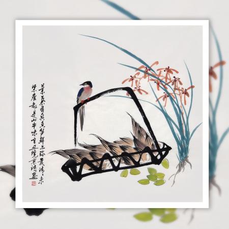 郑晓京写意花鸟画斗方《兰花》