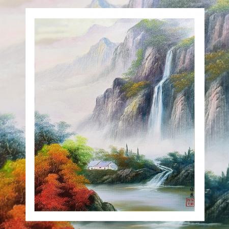 刀画协会主席张维源2.7平尺绿色山水油画（刀画）作品