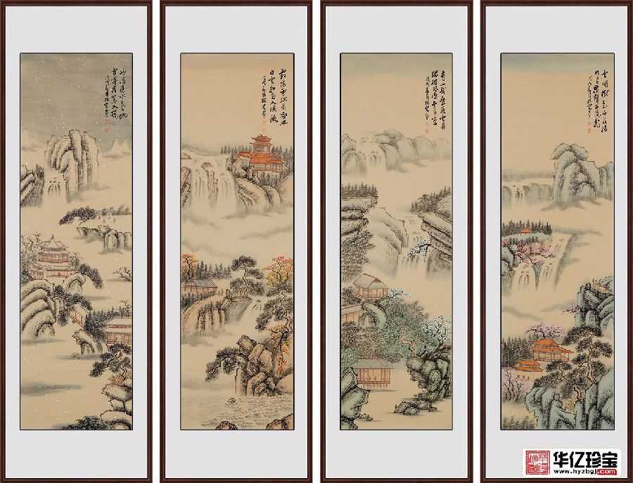 仿古山水四条屏 李林宏佳作《春夏秋冬》