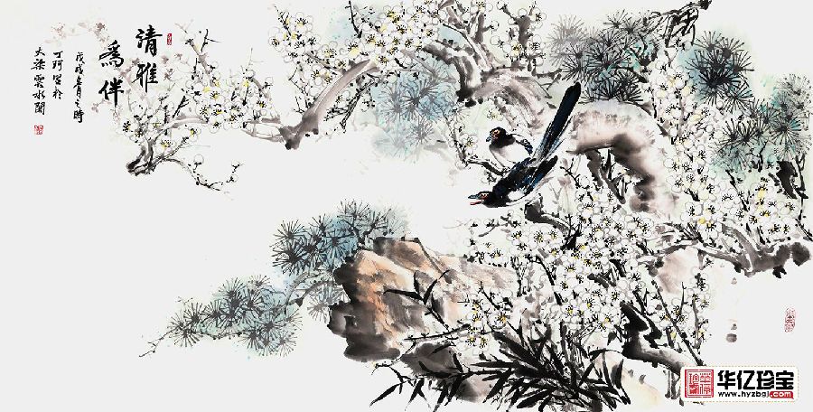 丁珂四尺横幅喜鹊、梅花、松树作品《清雅为伴》