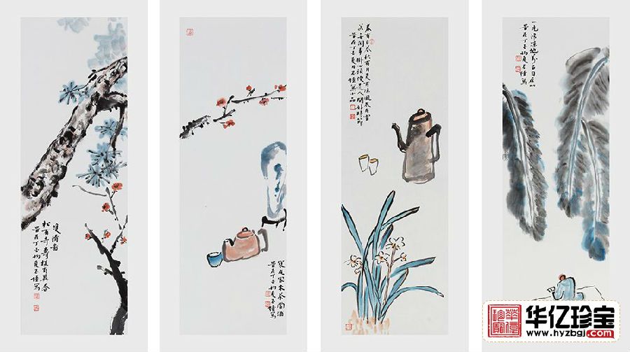 姜丕强精美花鸟四条屏《寒夜客来茶当酒》