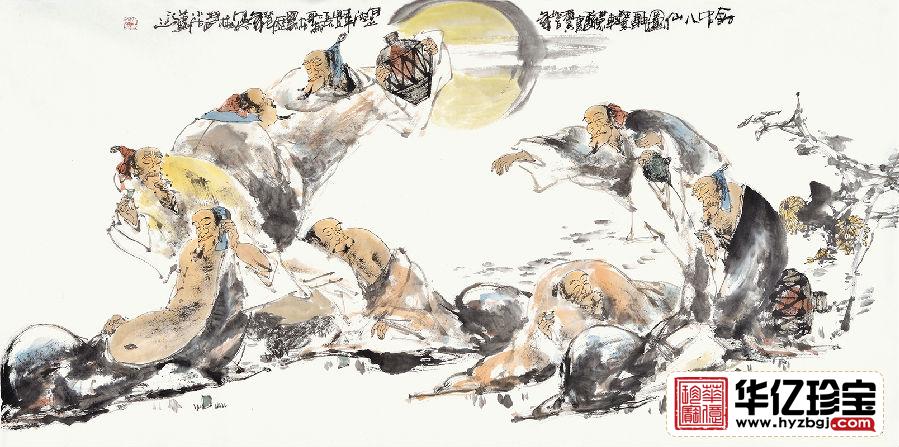 单吉牛四尺横幅人物画作品《饮中八仙图》