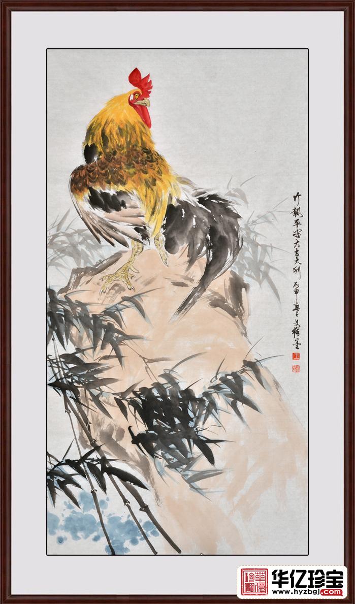 工笔生肖图 王文强四尺竖幅动物画 鸡《竹报平安大吉大利》