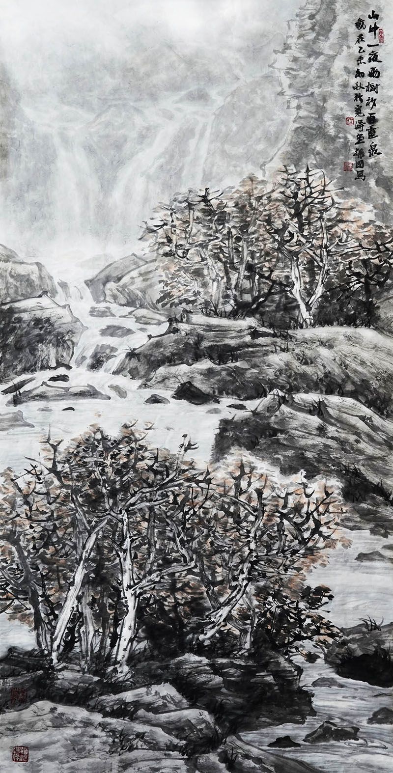 程振国《山中一夜雨，树杪百重泉》136×68cm