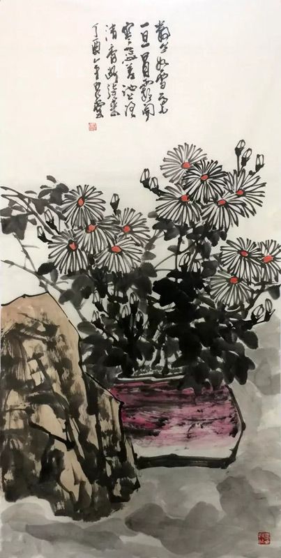 吴泉棠山水画菊石图