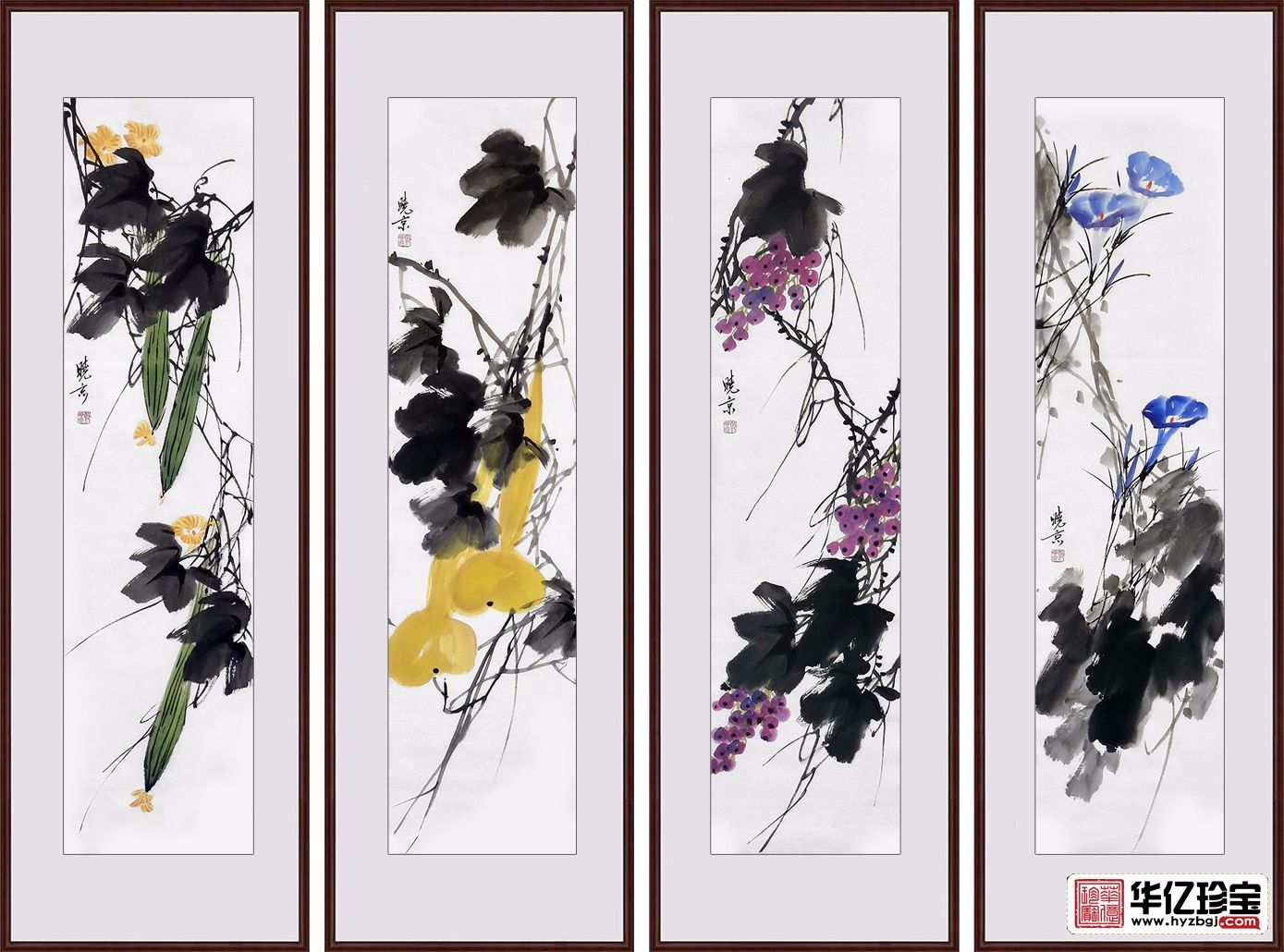 实力派画家郑晓京写意花鸟画《藤蔓花果四条屏》