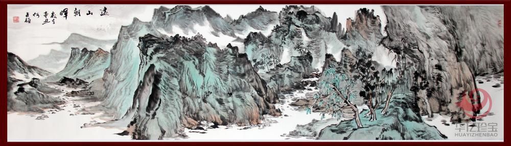 贺兰山画派创始人 山水画家何占?！对渡匠汀?平尺横幅巨作