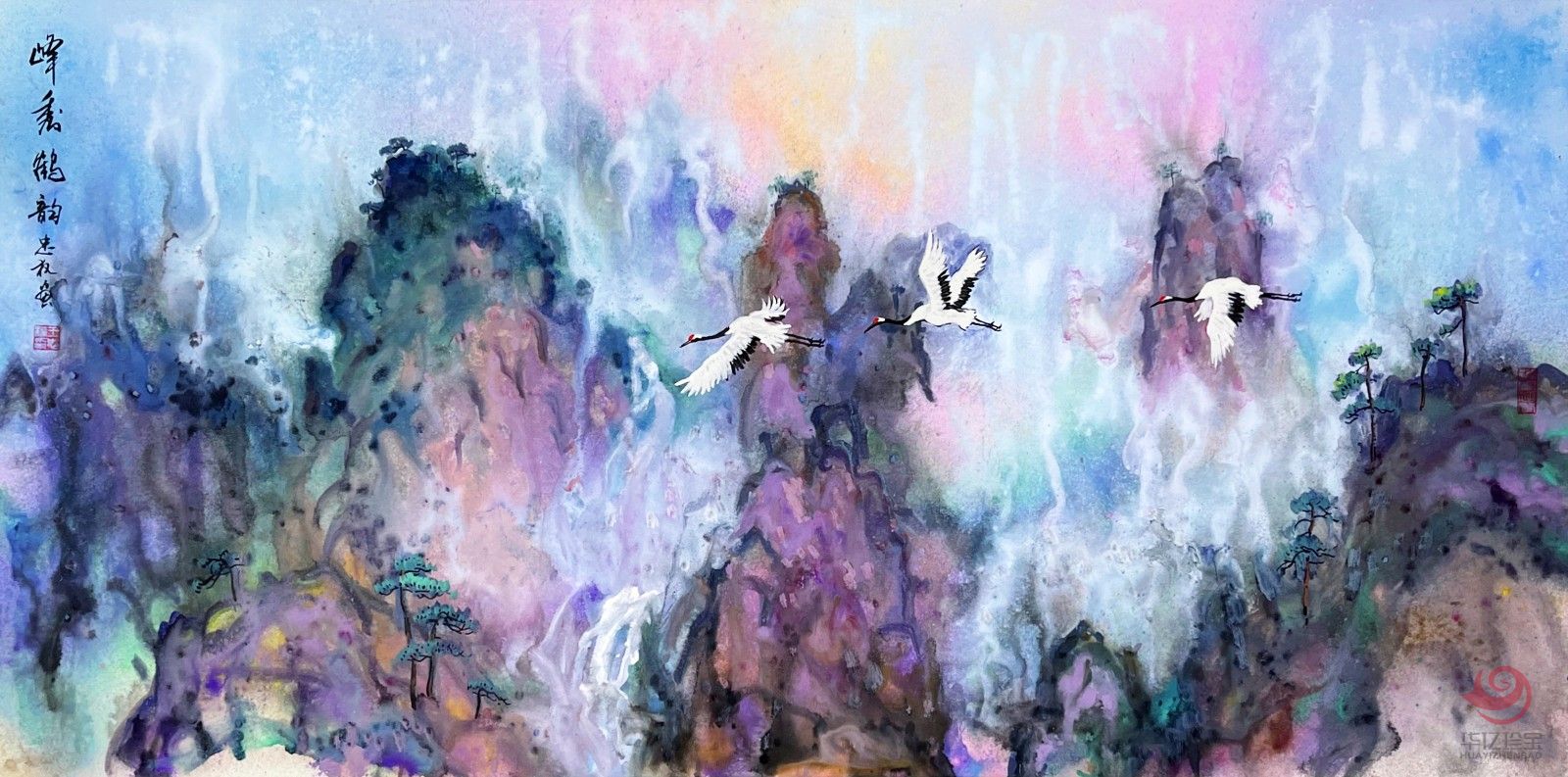 王忠权8平尺国画彩墨作品《峰秀鹤韵》