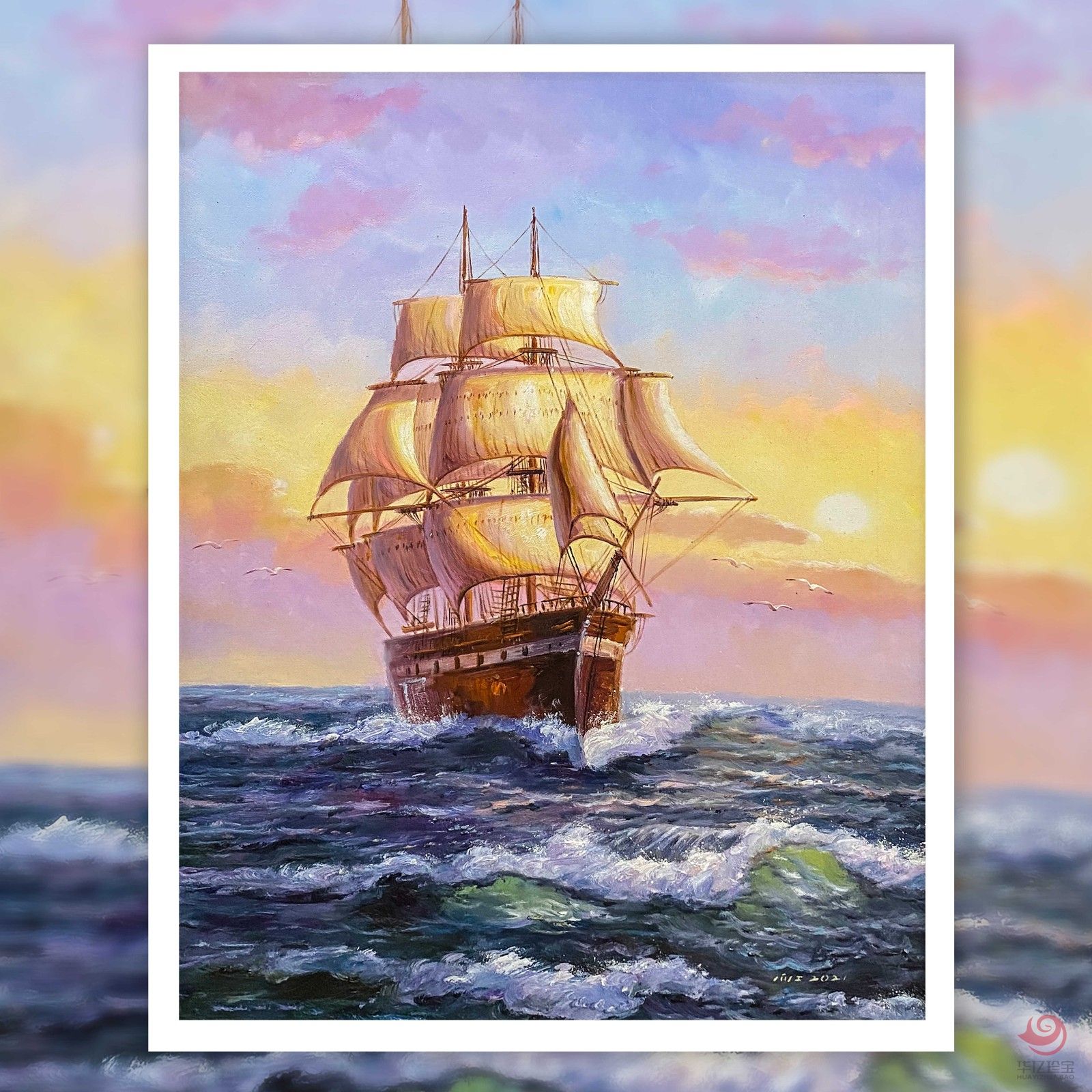 张向工大海帆船油画作品  90*60cm  4.86平尺